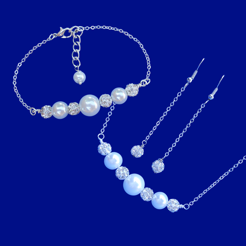 pearl and crystal bar necklace accompanied by a matching bracelet and a pair of crystal drop earrings - Maid Of Honor Gift - Jewelry Sets - Necklace Set