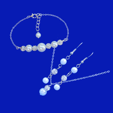 Load image into Gallery viewer, Jewelry Set - Pearl Set - Necklace Set, pearl crystal drop necklace bar bracelet drop earring jewelry set, silver and white or custom color