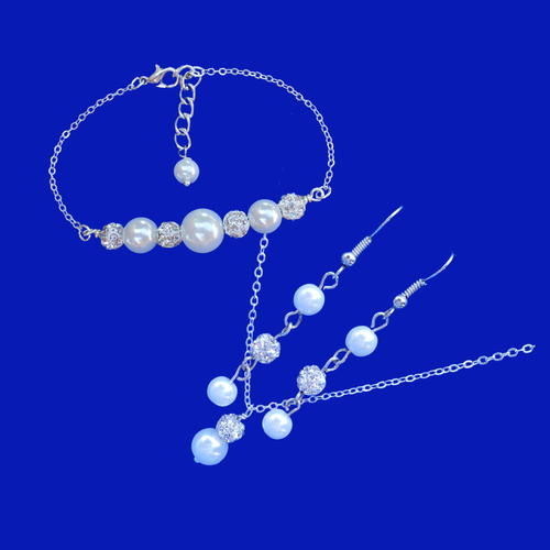 Jewelry Set - Pearl Set - Necklace Set, pearl crystal drop necklace bar bracelet drop earring jewelry set, silver and white or custom color