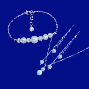Bridal Party Presents - Jewelry Sets - Bridal Sets - handmade pearl and crystal drop necklace accompanied by a bar bracelet and a pair of multi-strand crystal drop earrings, white or custom color