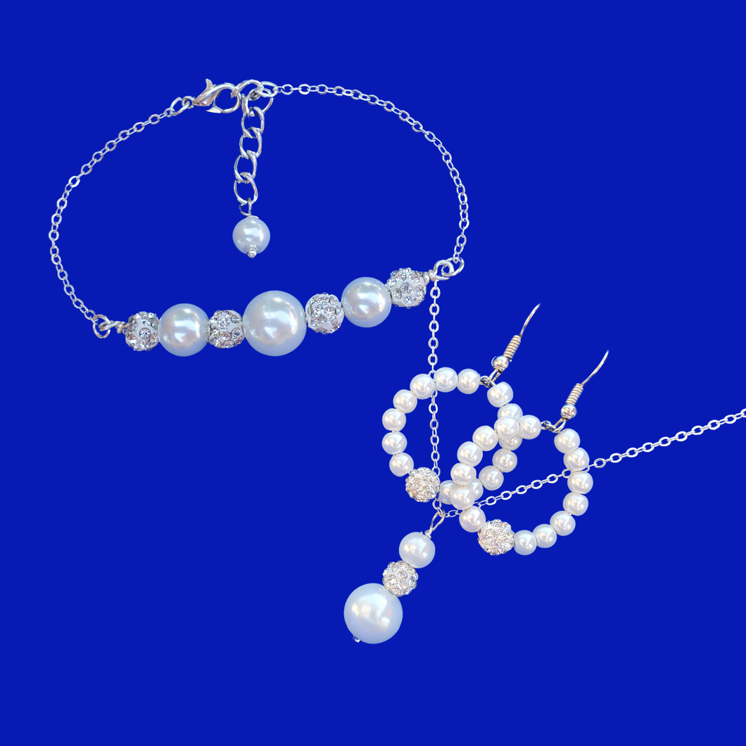 Jewelry Sets - Bridal Gifts - Pearl Jewelry Set - handmade pearl and crystal drop necklace accompanied by a bar bracelet and a pair of hoop drop earrings, white or custom color