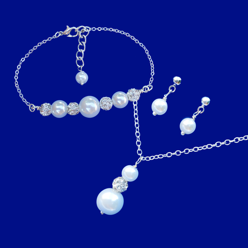Pearl Set - Necklace Set - Jewelry Set, handmade pearl and crystal drop necklace accompanied by a bar bracelet and a pair of pearl stud earrings