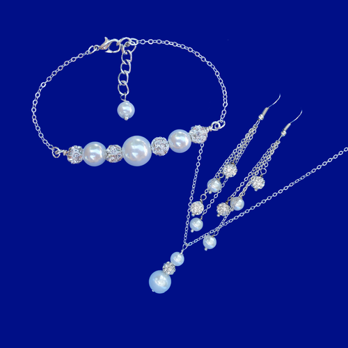 Bridal Sets - Jewelry Sets - Wedding Bridal Set - handmade pearl and crystal drop necklace accompanied by a bar bracelet and a pair of multi-strand drop earrings, white or custom color