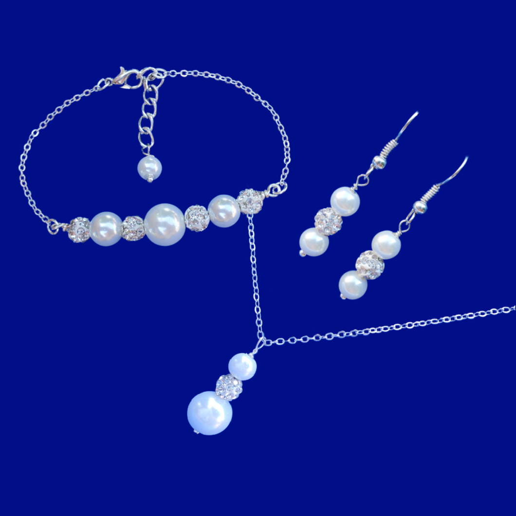 Bridal Jewelry Sets - Pearl Set - Jewelry Sets, pearl and crystal drop necklace accompanied by a bar bracelet and a pair of drop earrings, white and silver or custom color