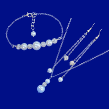 Load image into Gallery viewer, Gifts For Bridesmaids - Jewelry Sets - Pearl Set - handmade pearl and crystal drop necklace accompanied by a bar bracelet and multi-strand drop earrings, white or custom color