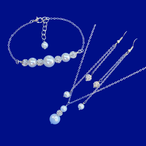 Gifts For Bridesmaids - Jewelry Sets - Pearl Set - handmade pearl and crystal drop necklace accompanied by a bar bracelet and multi-strand drop earrings, white or custom color