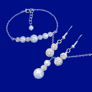 Necklace Set - Bridal Sets - Jewelry Sets, handmade pearl and crystal drop necklace accompanied by a bar bracelet and a pair of crystal drop earrings, white and silver or custom color