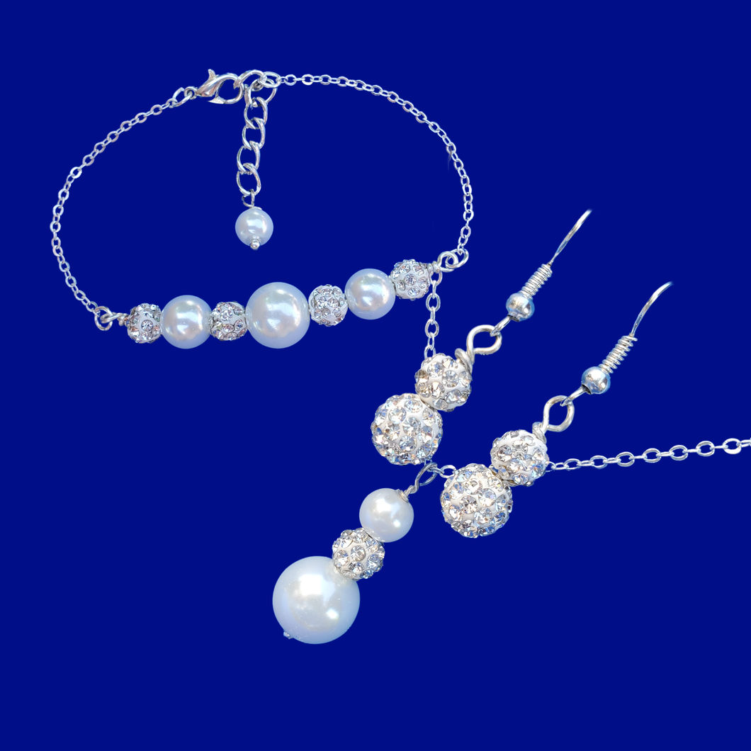 Necklace Set - Bridal Sets - Jewelry Sets, handmade pearl and crystal drop necklace accompanied by a bar bracelet and a pair of crystal drop earrings, white and silver or custom color