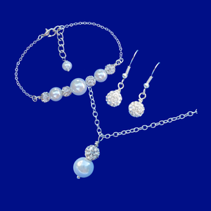 A handmade pearl and crystal drop necklace accompanied by a bar bracelet and a pair of crystal drop earrings. This stunning jewelry set will make exquisite bridal party gifts! - Bridal Gifts - Jewelry Sets - Bridesmaid Gifts