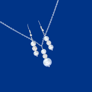 handmade pearl and crystal drop necklace accompanied by a pair of drop earrings, white and silver clear or custom color - Necklace And Earring Set - Bridal Jewelry Set