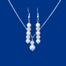 Load image into Gallery viewer, Bridal Sets - Necklace And Earring Set - Necklace Set, handmade pearl and crystal drop necklace accompanied by a pair of drop earrings, white and silver or custom color