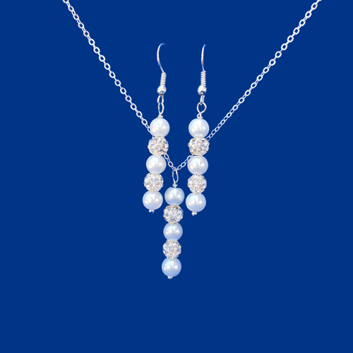 a handmade pearl and crystal drop necklace drop earring jewelry set, silver and white or silver and custom color, white and silver clear or custom color - Necklace And Earring Set - Bridal Jewellery Set