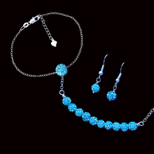 Load image into Gallery viewer, Jewelry Sets - Bridal Jewellery Set - Necklace Set, handmade crystal bar necklace accompanied by a floating bracelet and a pair of earrings, aquamarine blue or custom color