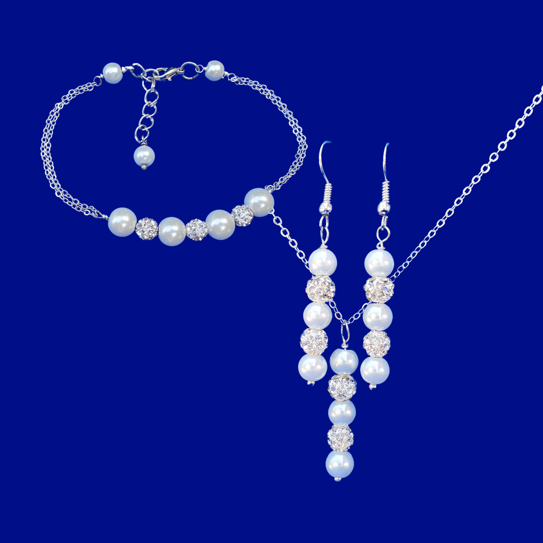 Pearl Set - Jewelry Sets - Bridesmaid Gifts - handmade pearl and crystal drop necklace accompanied by a bar bracelet and a pair of drop earrings, white and silver clear or custom color