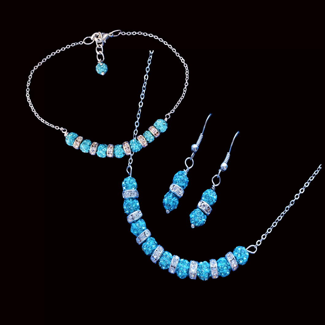 Jewelry Sets - Bridesmaid Gifts - Maid of Honor Gift - handmade crystal drop necklace accompanied by a bar bracelet and drop earrings, aquamarine blue or custom color