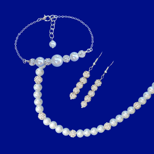 Pearl Set - Jewelry Sets - Gifts For Bridesmaids - handmade pearl and crystal necklace accompanied by a bar bracelet and a pair of crystal drop earrings, white and silver clear or silver clear and custom color
