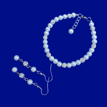 Load image into Gallery viewer, A handmade pearl and crystal bracelet accompanied by a pair of drop earrings. -Bracelet Sets - Bridal Sets - Pearl Set 