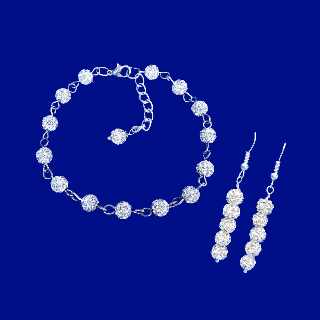 handmade crystal bracelet accompanied by a pair of drop earrings, silver clear or custom color