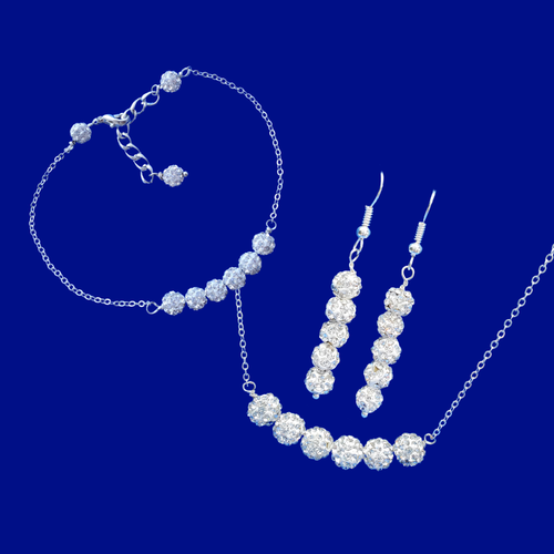 Jewelry Set - Necklace Set - Wedding Sets, handmade crystal bar necklace accompanied by a matching bracelet and a pair of drop earrings, silver clear or custom color