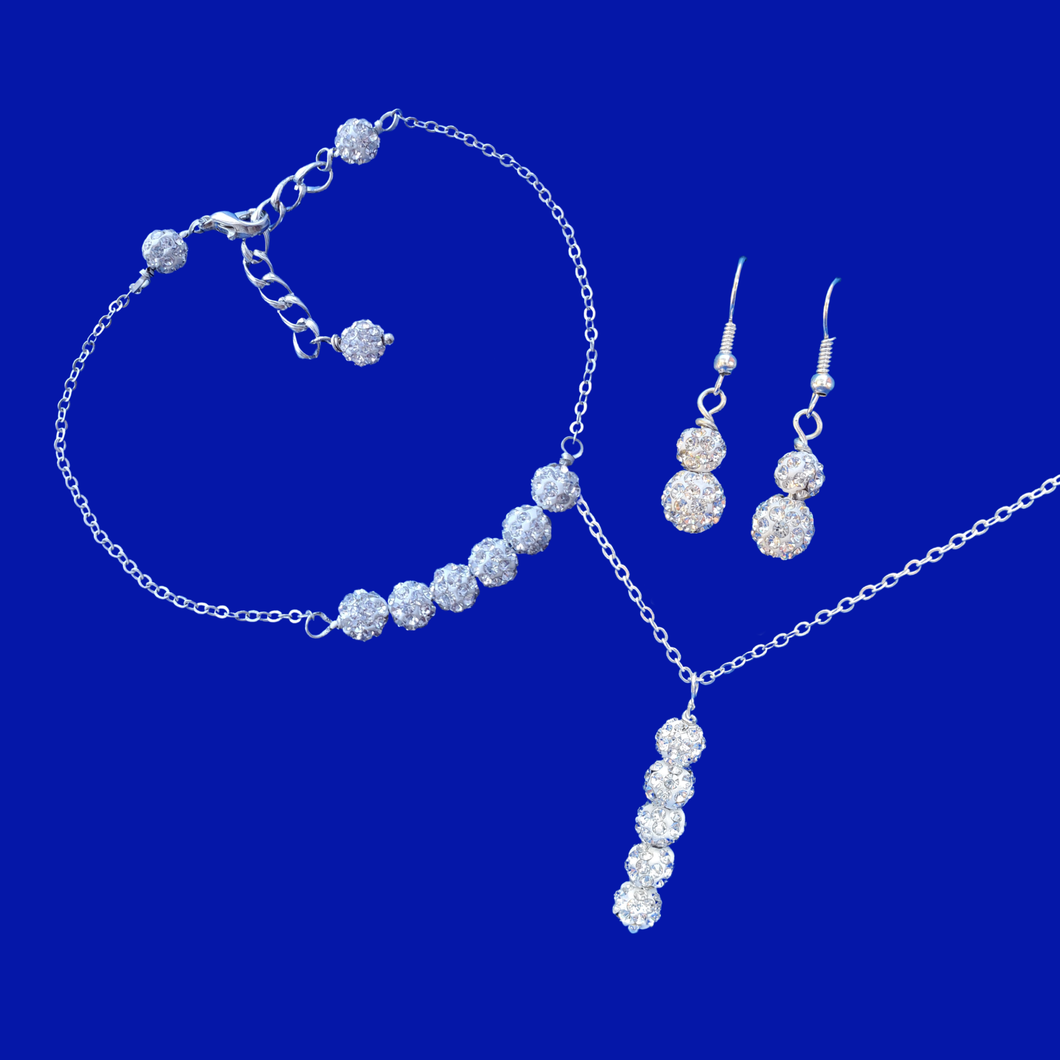 crystal drop necklace bar bracelet drop earring jewelry set, silver clear