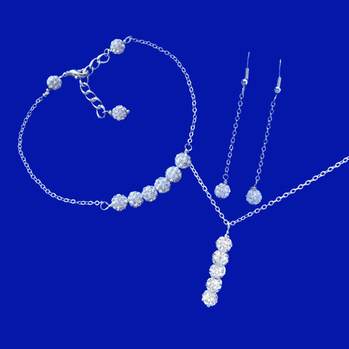 Jewelry Sets - Gifts For Bridesmaids - Bridal Sets - Handmade Pave Drop Necklace accompanied by a Bar Bracelet and a pair of Drop Earrings, silver clear or custom color