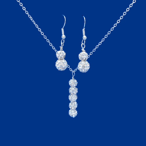 Necklace Set - Necklace And Earring Set - Earring Sets, handmade pave crystal drop necklace accompanied by a matching pair of drop earrings, silver clear