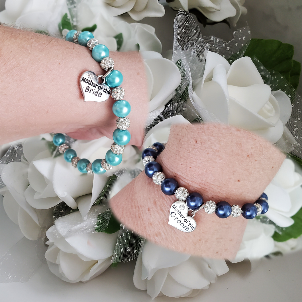 Handmade mother of the bride and mother of the groom pearl and pave crystal rhinestone charm bracelets - custom color - Mother of the Bride Groom Bracelets - Bridal Gifts