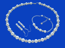 Load image into Gallery viewer, Bridal Sets - Pearl Jewelry Set - Jewelry Sets, handmade pearl and crystal necklace accompanied by a bar bracelet and a pair of drop earrings, white and silver clear or custom color