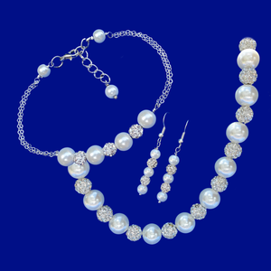 Bridal Sets - Pearl Jewelry Set - Jewelry Sets, handmade pearl and crystal necklace accompanied by a bar bracelet and a pair of drop earrings, white and silver clear or custom color