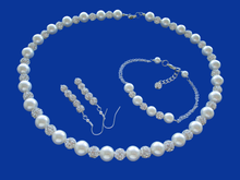Load image into Gallery viewer, Bridal Sets - Pearl Jewelry Set - Jewelry Sets - handmade pearl and crystal necklace accompanied by a bar bracelet and a pair of crystal drop earrings