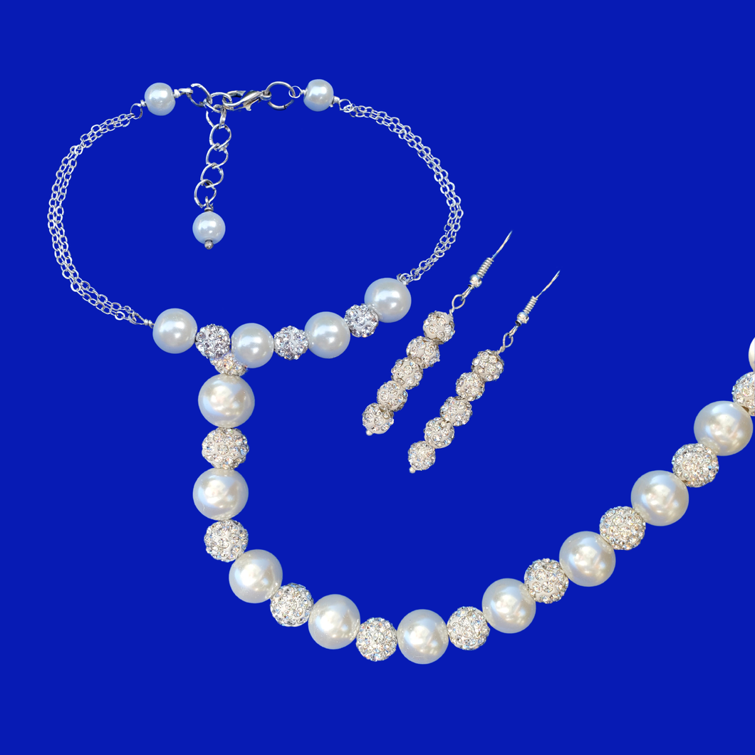 Bridal Sets - Pearl Jewelry Set - Jewelry Sets - handmade pearl and crystal necklace accompanied by a bar bracelet and a pair of crystal drop earrings