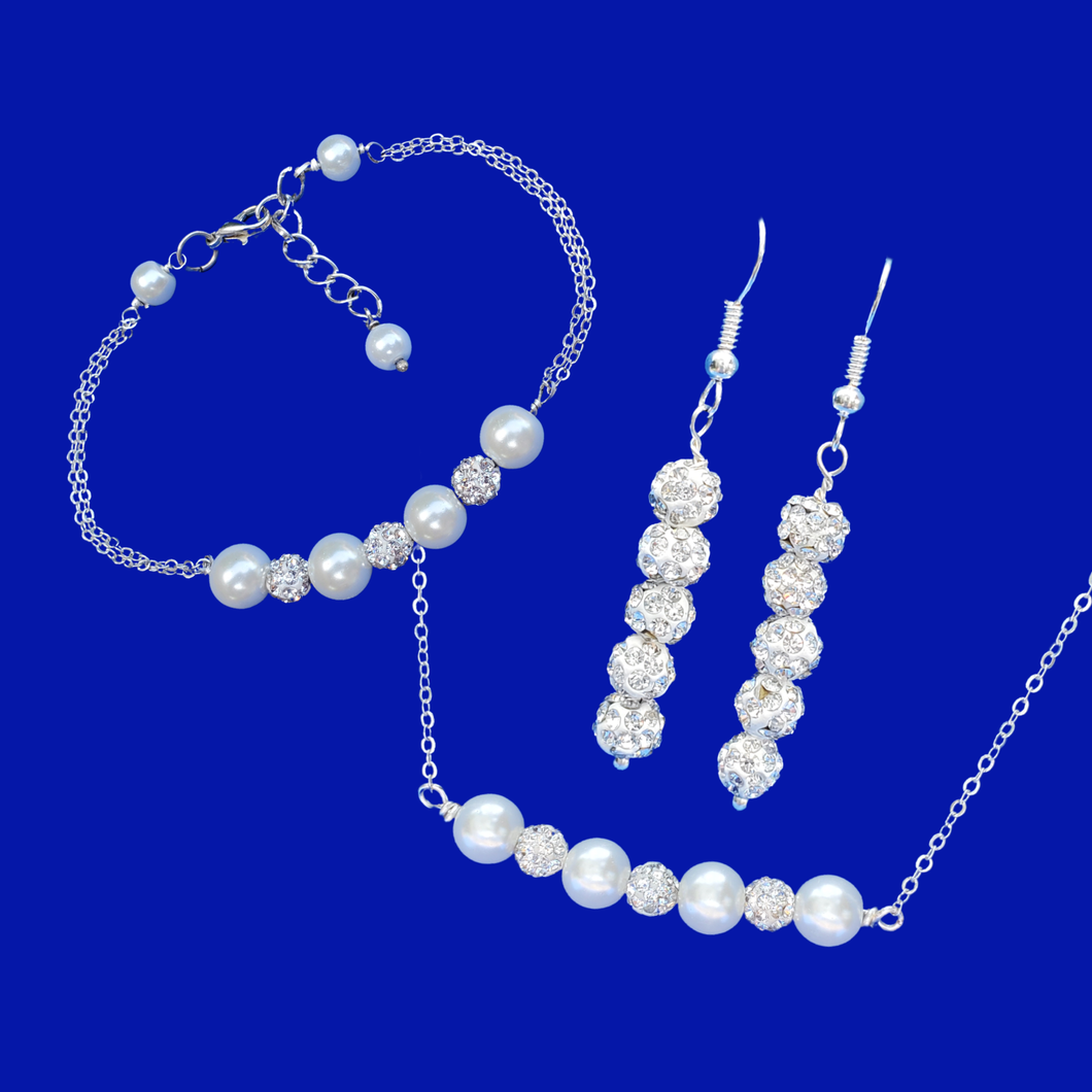 Bridal Sets - Necklace Set - Jewelry Sets, handmade pearl and crystal bar necklace accompanied by a matching bar bracelet and a pair of crystal drop earrings, white and silver clear or custom color