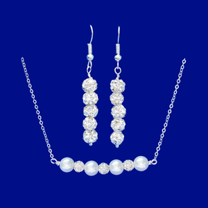 Necklace Set - Jewelry Set - Necklace And Earring Set, handmade pearl and crystal bar necklace accompanied by a pair of crystal drop earrings, white and silver clear or custom color