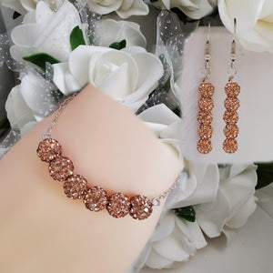 Handmade pave crystal rhinestone bar bracelet accompanied by a pair of drop earrings - champagne or custom color - Bracelet Sets - Bridal Sets - Bridal Party Gifts