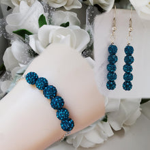 Load image into Gallery viewer, Handmade pave crystal rhinestone bar bracelet accompanied by a pair of drop earrings - blue zircon or custom color - Bracelet Sets - Bridal Sets - Bridal Party Gifts