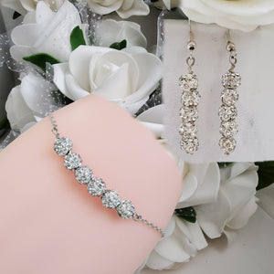 Handmade pave crystal rhinestone bar bracelet accompanied by a pair of drop earrings - silver clear or custom color - Bracelet Sets - Bridal Sets - Bridal Party Gifts