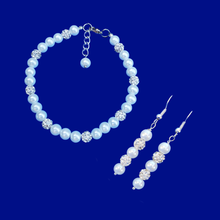 Load image into Gallery viewer, Bracelet Sets - Bridal Sets - Earring Sets, handmade pearl and crystal bracelet accompanied by a pair of drop earrings, white or custom color