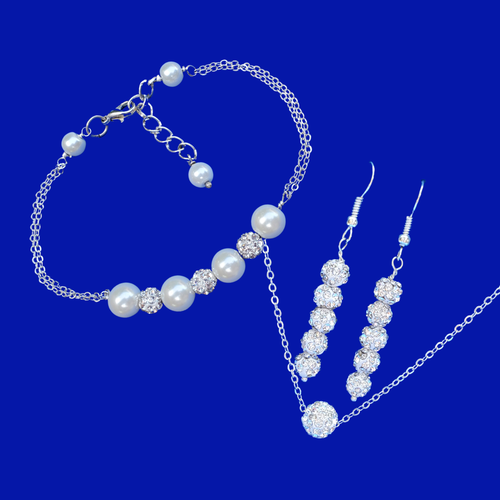 handmade pearl and crystal bar bracelet accompanied by a floating crystal necklace and a pair of drop earrings -Jewelry Sets - Bridesmaid Proposal Ideas - Bridal Gifts 