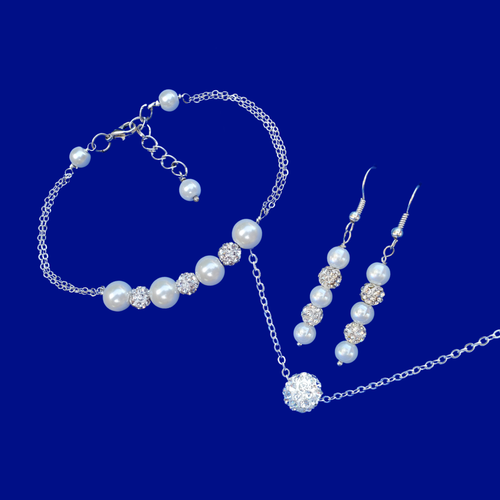 Pearl Jewelry Set - Jewelry Set, handmade floating crystal necklace accompanied by a pearl and crystal bar bracelet and a pair of drop earrings, white or custom color