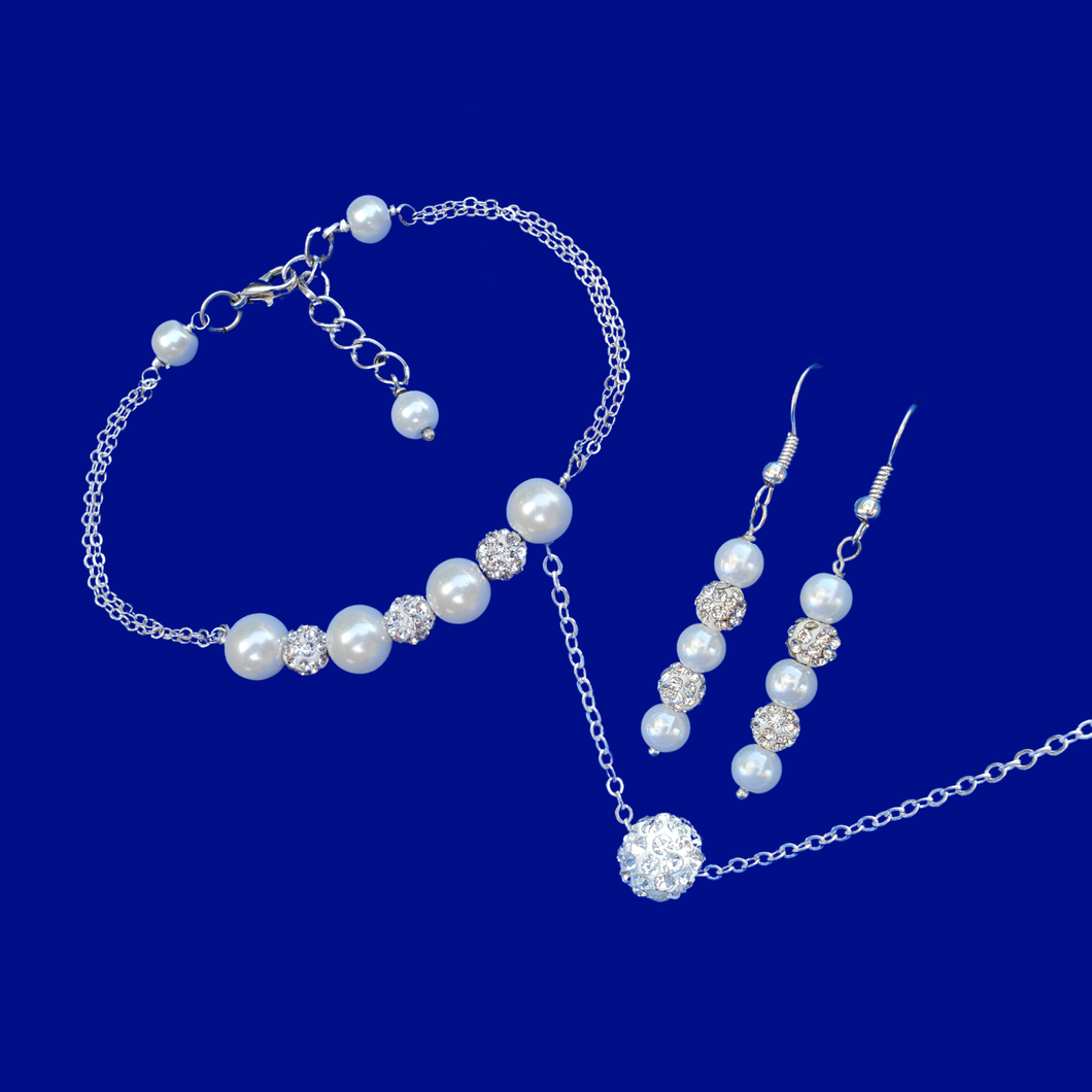 Pearl Jewelry Set - Jewelry Set, handmade floating crystal necklace accompanied by a pearl and crystal bar bracelet and a pair of drop earrings, white or custom color