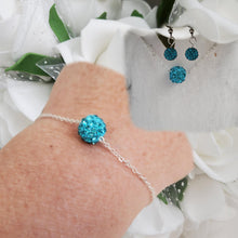 Load image into Gallery viewer, handmade minimalist floating crystal necklace accompanied by a matching bracelet and a pair of dangle earrings - aquamarine blue or custom color - Jewelry Sets - Gifts For Bridesmaids - Bridal Gifts