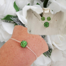 Load image into Gallery viewer, handmade minimalist floating crystal necklace accompanied by a matching bracelet and a pair of dangle earrings - peridot (green) or custom color - Jewelry Sets - Gifts For Bridesmaids - Bridal Gifts