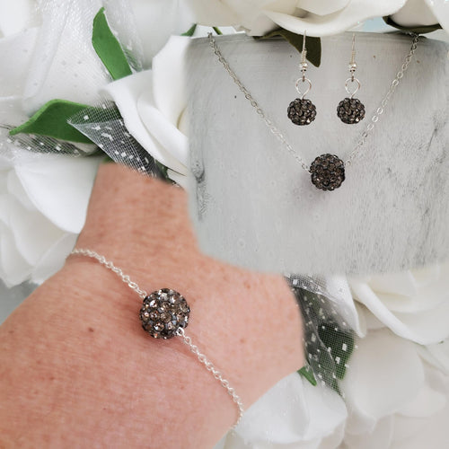 handmade minimalist floating crystal necklace accompanied by a matching bracelet and a pair of dangle earrings - black diamond or custom color - Jewelry Sets - Gifts For Bridesmaids - Bridal Gifts