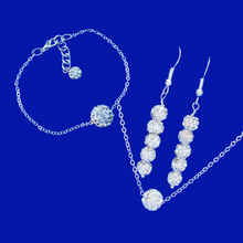 Load image into Gallery viewer, Necklace Set - Bridal Sets - Jewelry Sets, handmade floating crystal necklace accompanied by a matching bracelet and a pair of drop earrings, silver clear or custom color