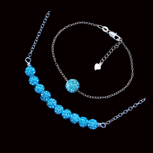 Jewelry Set - Necklace And Bracelet Set, handmade crystal bar necklace accompanied by a floating bracelet, aquamarine blue or custom color
