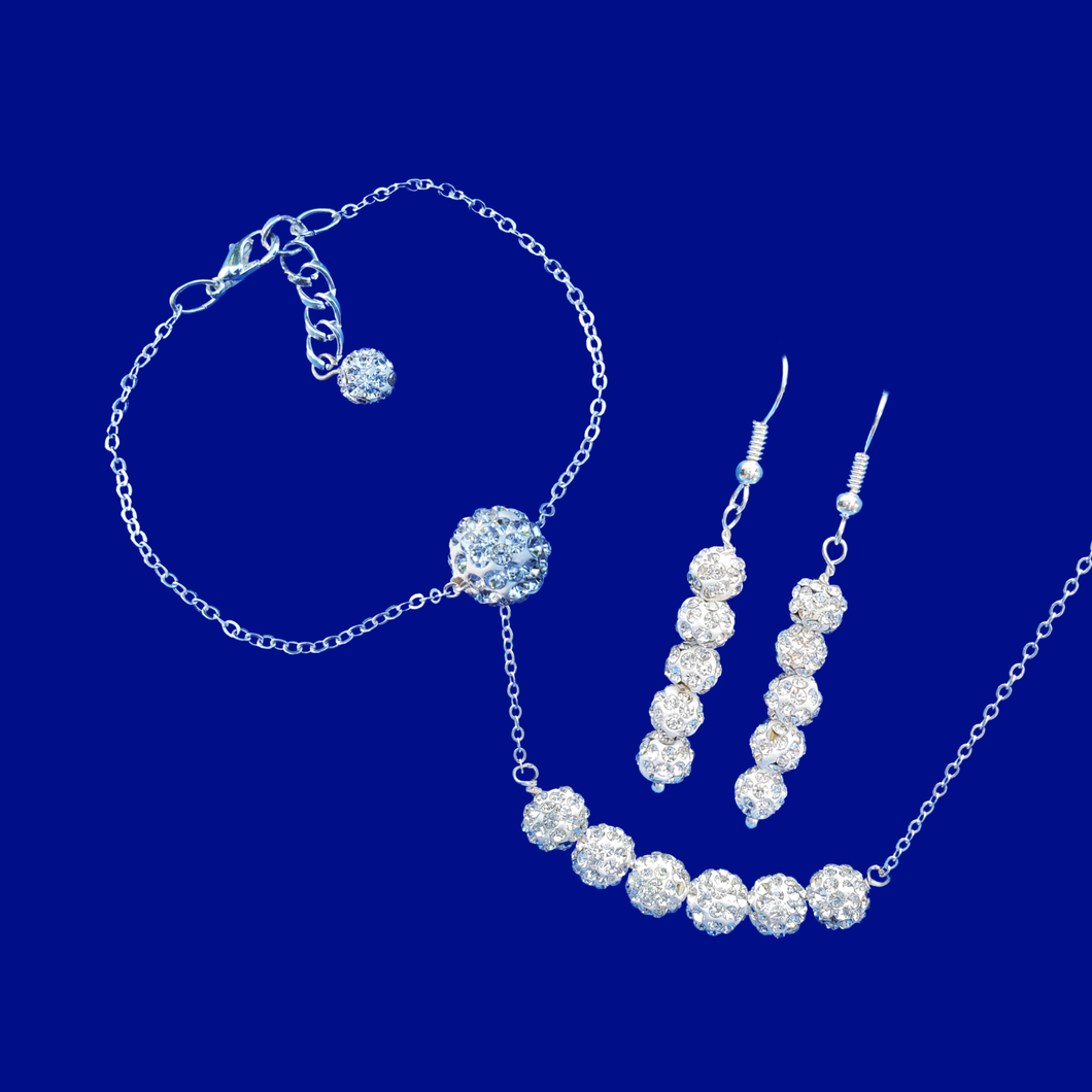 handmade crystal bar necklace accompanied by a floating bracelet and a pair drop earrings, silver clear or custom color