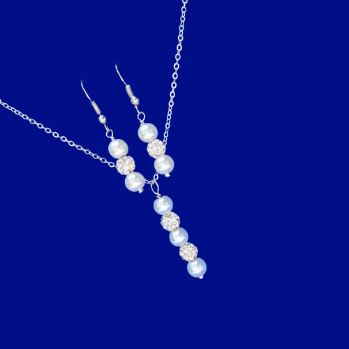 Necklace Set - Necklace And Earring Set - Pearl Set, handmade pearl and crystal drop necklace accompanied by a pair of drop earrings, white and silver or custom color