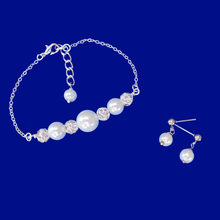 Load image into Gallery viewer, Bracelet Sets - Pearl Jewelry Set - Bridal Sets, handmade pearl and crystal bar bracelet accompanied by a pair of pearl stud earrings, white or custom color