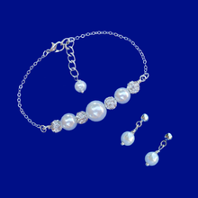 Load image into Gallery viewer, Bracelet Sets - Pearl Jewelry Set - Bridal Sets, handmade pearl and crystal bar bracelet accompanied by a pair of pearl stud earrings, white or custom color
