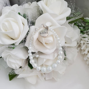 Handmade little sister pearl charm bracelet, white or custom color - Little Sister Bracelet - Sister Bracelet - Sister Gift